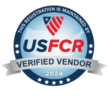 USFCR Verified Vendor badge for 2024 with American flag design and blue border.